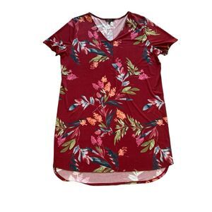 Christian Siriano Red Floral Top Long Tunic V-neck Short Sleeve XXL/ 2XG